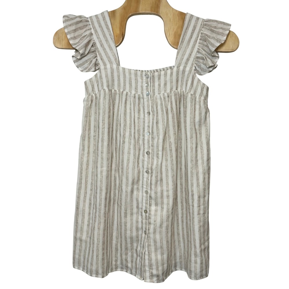 Entro Women's Medium Beige White Striped Ruffle Sleeve Button Front Mini Dress